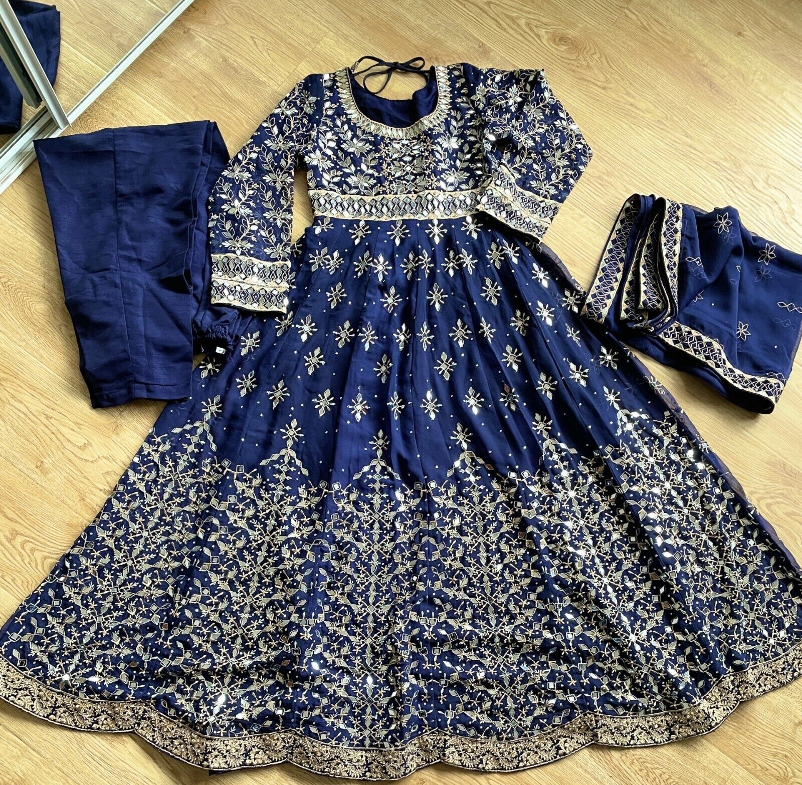 Navy blue heavy mirror Anarkali 3pc outfit Wedding Party Wear long Maxi dress S